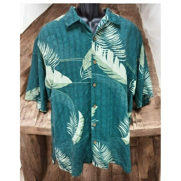 Tommy Bahama Mens Silk Hawaiian Shirt Large Green Palm Print Tropical - Picture 1 of 6